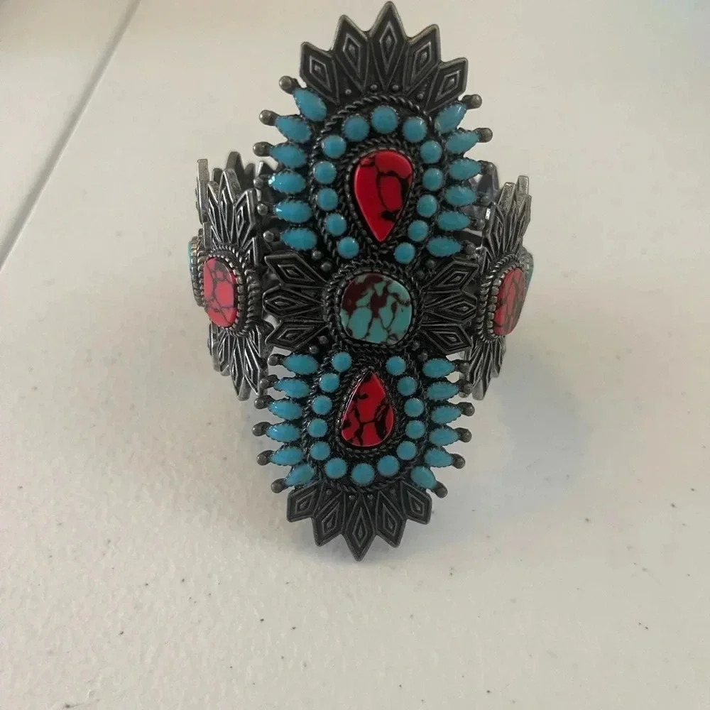 Tribal red turquoise enamel cluster stretch cuff bracelet boho western